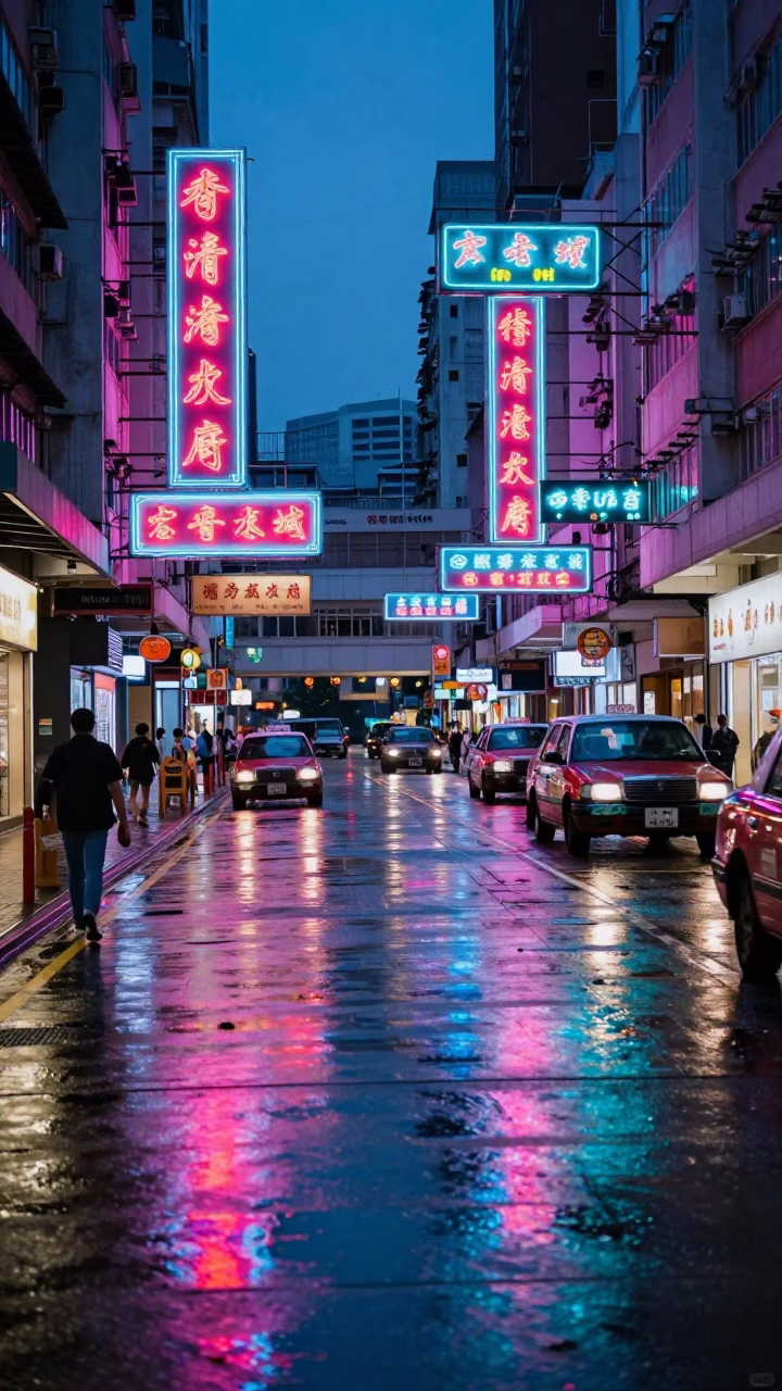 Hong Kong Twilight Street Scene with Neon Reflections and Urban Details in in Hong Kong, Hong Kong