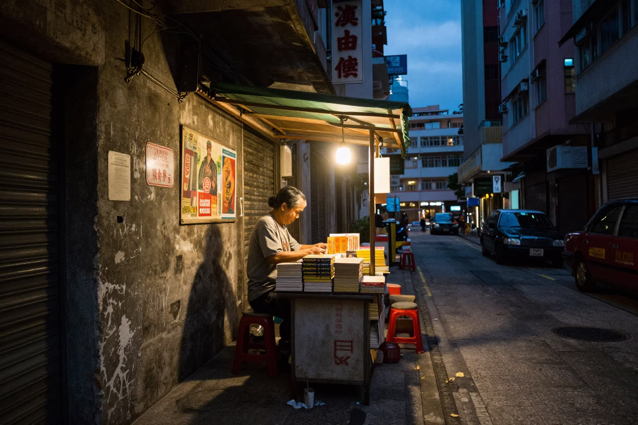 Hong Kong Twilight Street Scene with Vintage Paperbacks and Concrete Tunnel Wall in in Hong Kong, Hong Kong