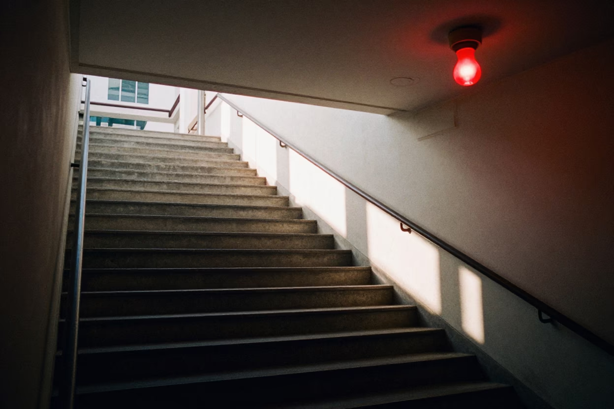 Hong Kong University Observatory Stairwell First Light Morning Red Bulbs in in Hong Kong, Hong Kong