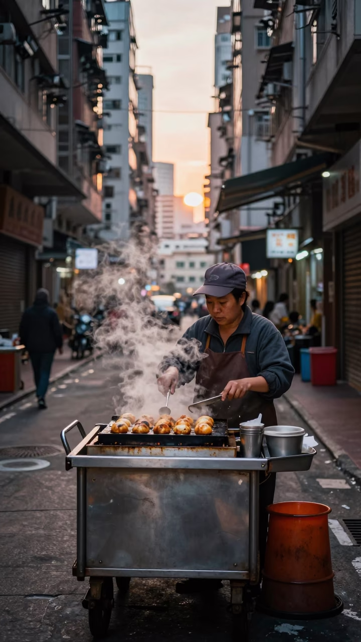 Hong Kong Vendor Alleyway at First Light Of Dawn in in Hong Kong, Hong Kong