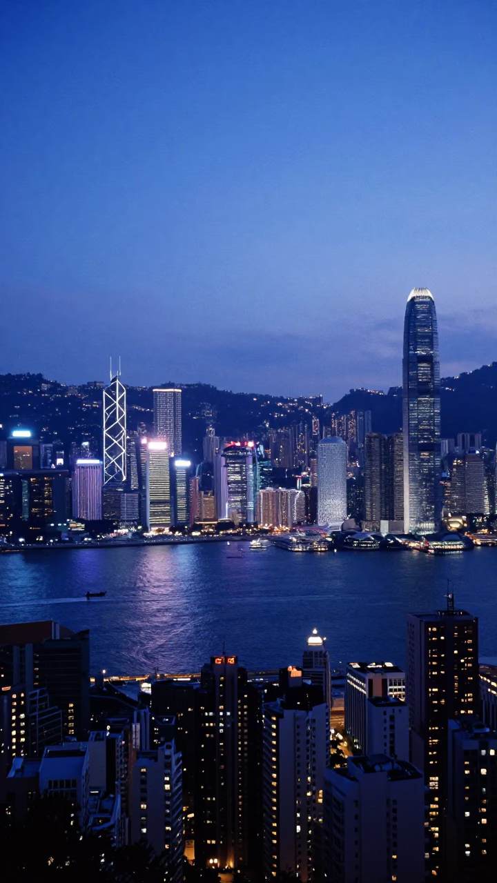 Hong Kong Victoria Harbour Evening Blue Hour Skyline Street Scene in in Hong Kong, Hong Kong