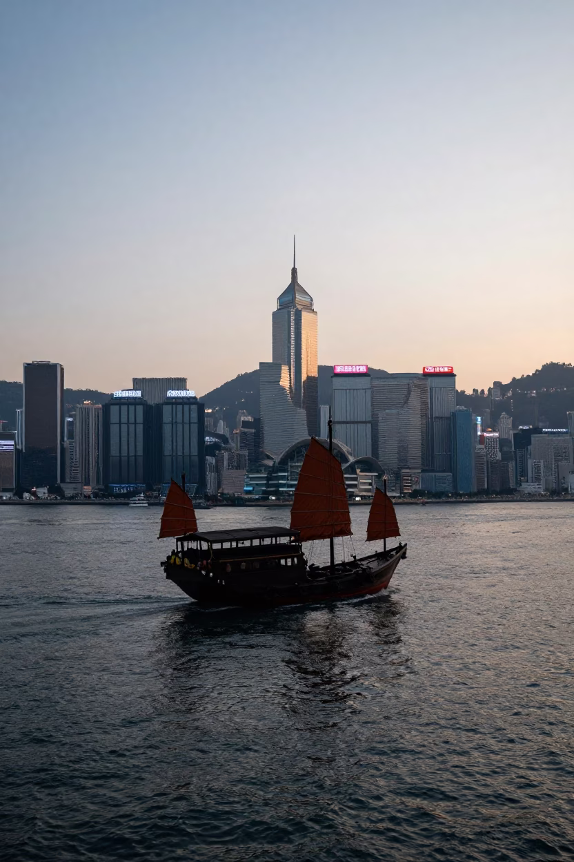 Hong Kong Victoria Harbour Evening View with Traditional Junk Boat Silhouette Against Sunset Sky in in Hong Kong, Hong Kong