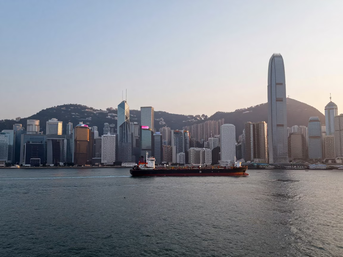 Hong Kong Victoria Harbour Sunrise View with Tanker Ship and Urban Skyline in in Hong Kong, Hong Kong