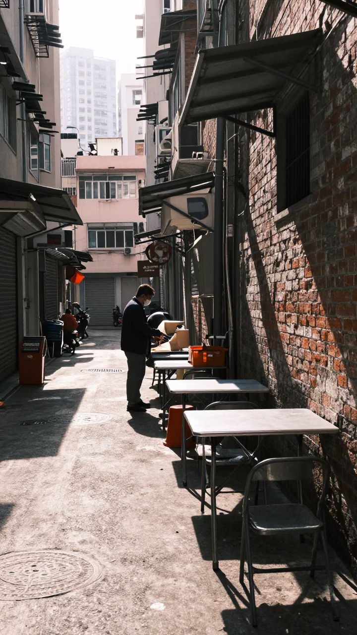 Hong Kong Winter Noon Street Scene With Folding Tables And Stools in in Hong Kong, Hong Kong