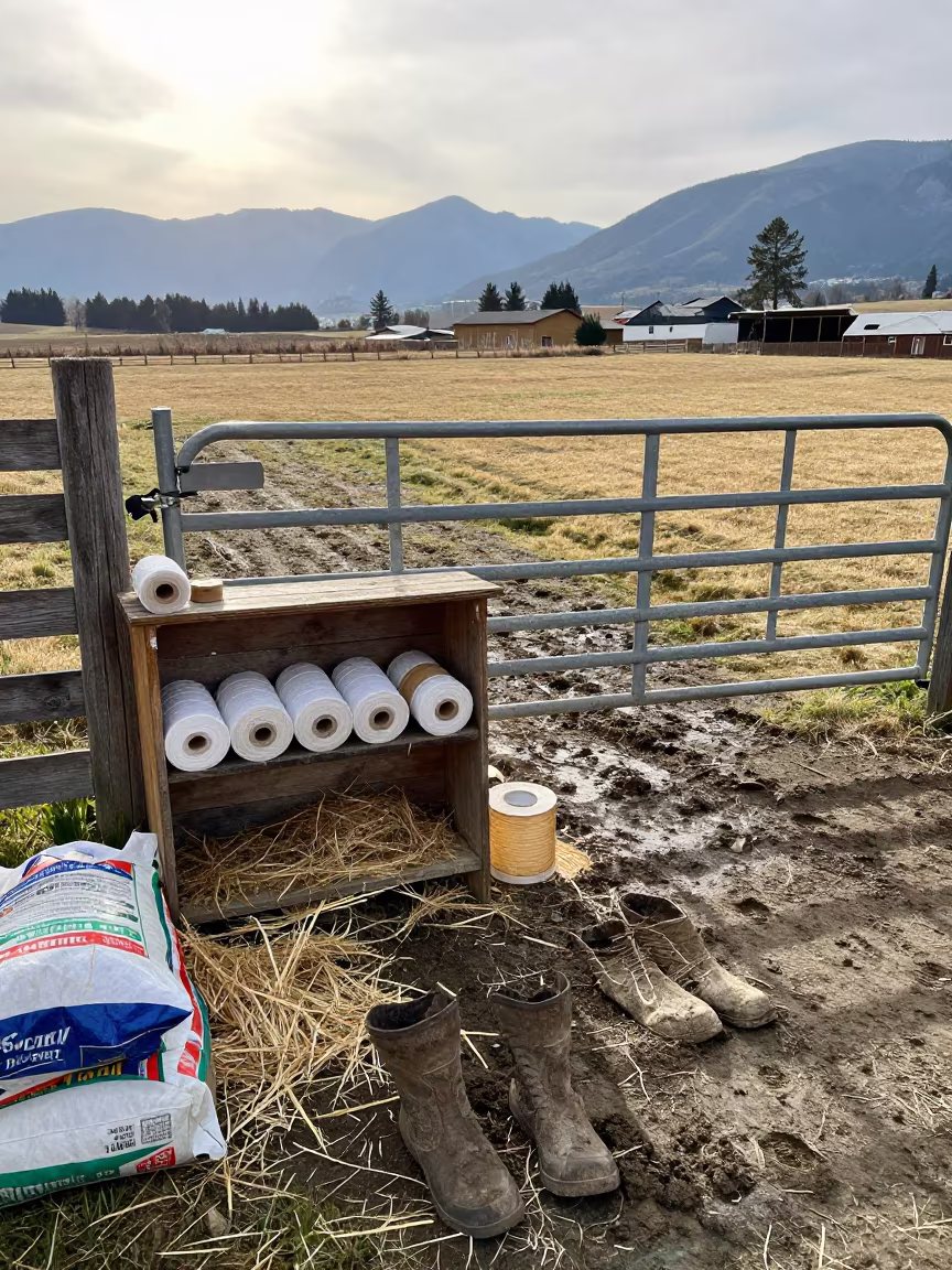 Hoof Bandage Shelf with Boot Prints and Straw in beside a pasture gate in British Columbia