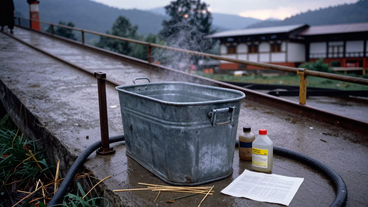 Hoof Bath Bucket at Bhutan Stockyard Ramp in at a stockyard loading ramp in Bhutan