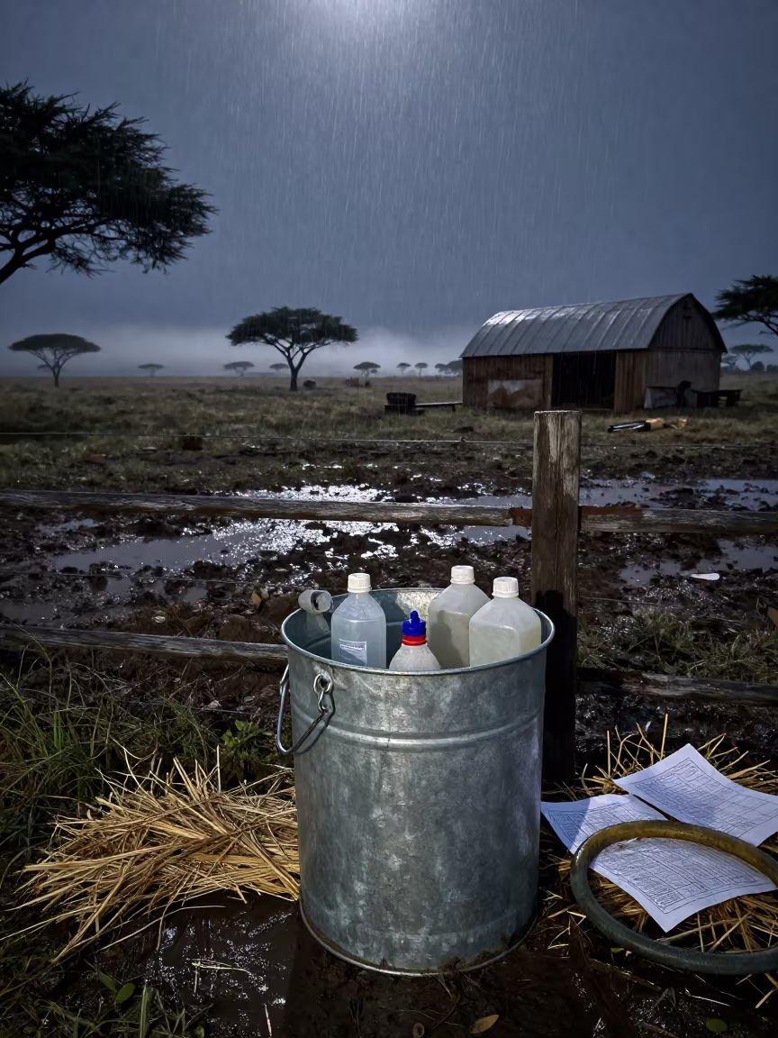 Hoof Bath Bucket at Night in Serengeti Monsoon in along a muddy paddock fence in the Serengeti