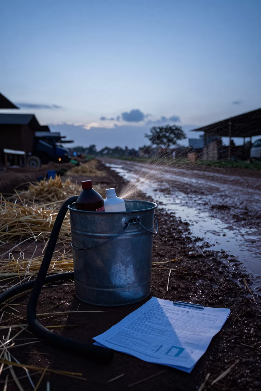 Hoof Bath Bucket in Wet Season Burkina Faso Evening in along a feedlot lane in Burkina Faso