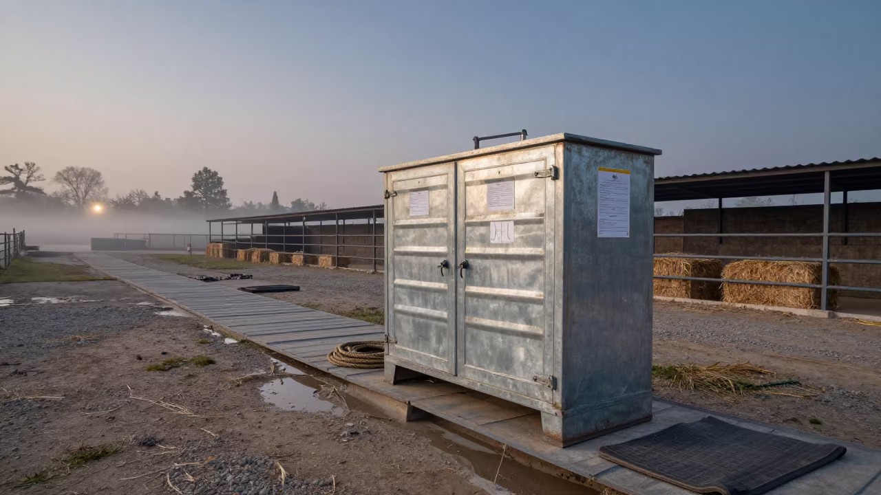 Hoof Bath Cabinet at Arunachal Stockyard Before Dawn in at a stockyard loading ramp in Arunachal Pradesh