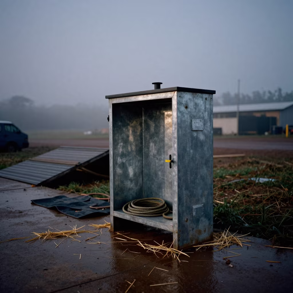Hoof Bath Cabinet at Predawn Stockyard Rwanda in at a stockyard loading ramp in Rwanda