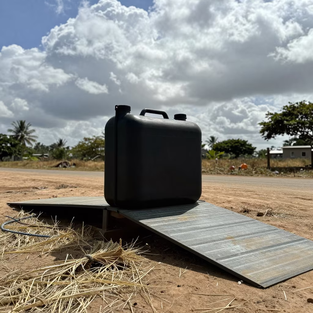 Hoof Bath Cabinet Silhouetted Against Dramatic Clouds in at a stockyard loading ramp in Gambia