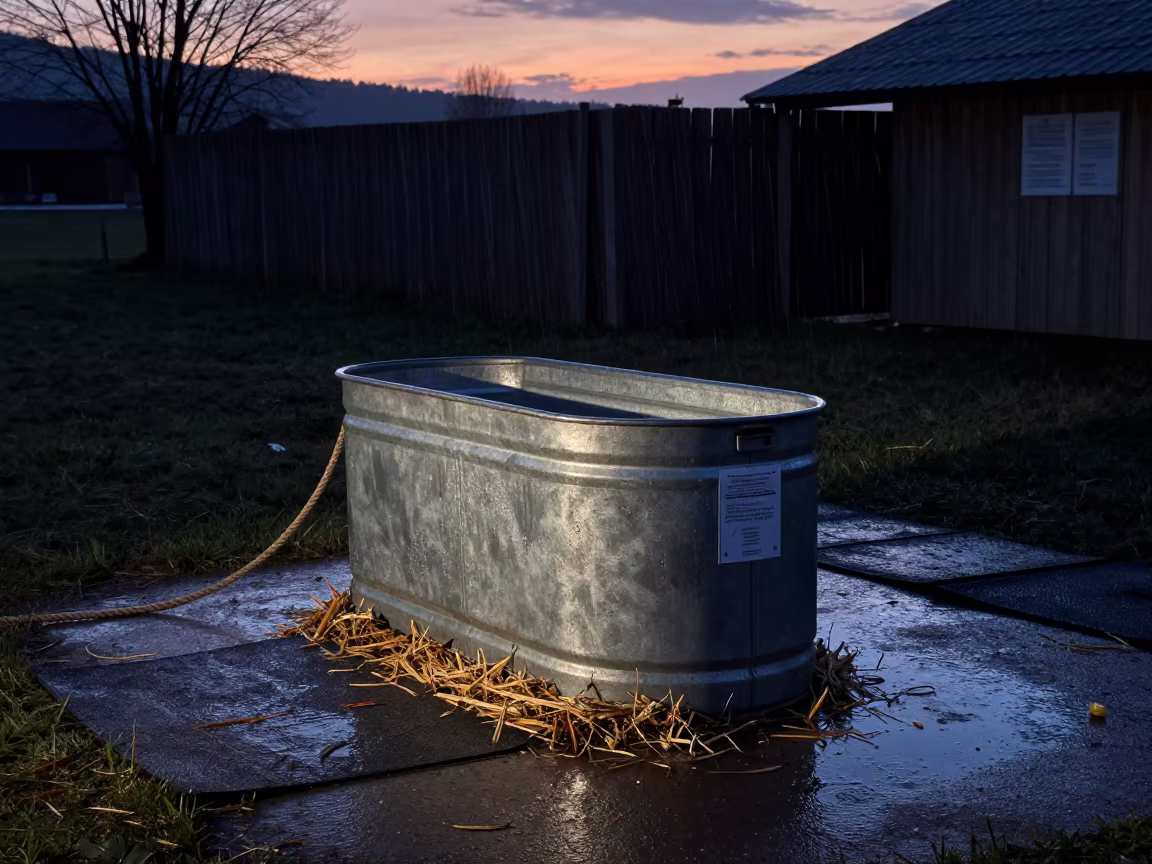 Hoof Bath Cabinet Twilight Rain Austria in near a windbreak and water trough in Austria
