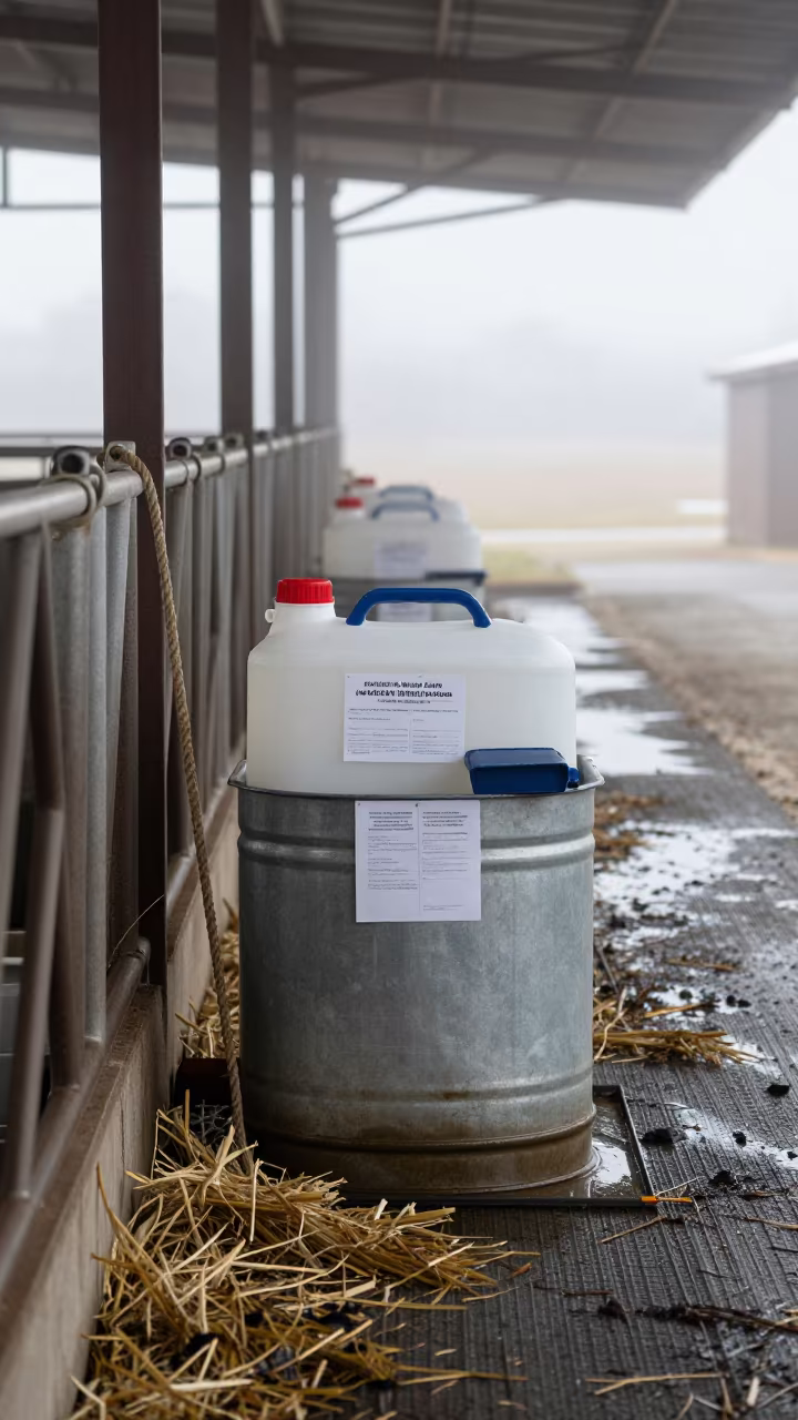 Hoof Bath Cabinet in Winter Mist in along a feedlot lane in Oklahoma