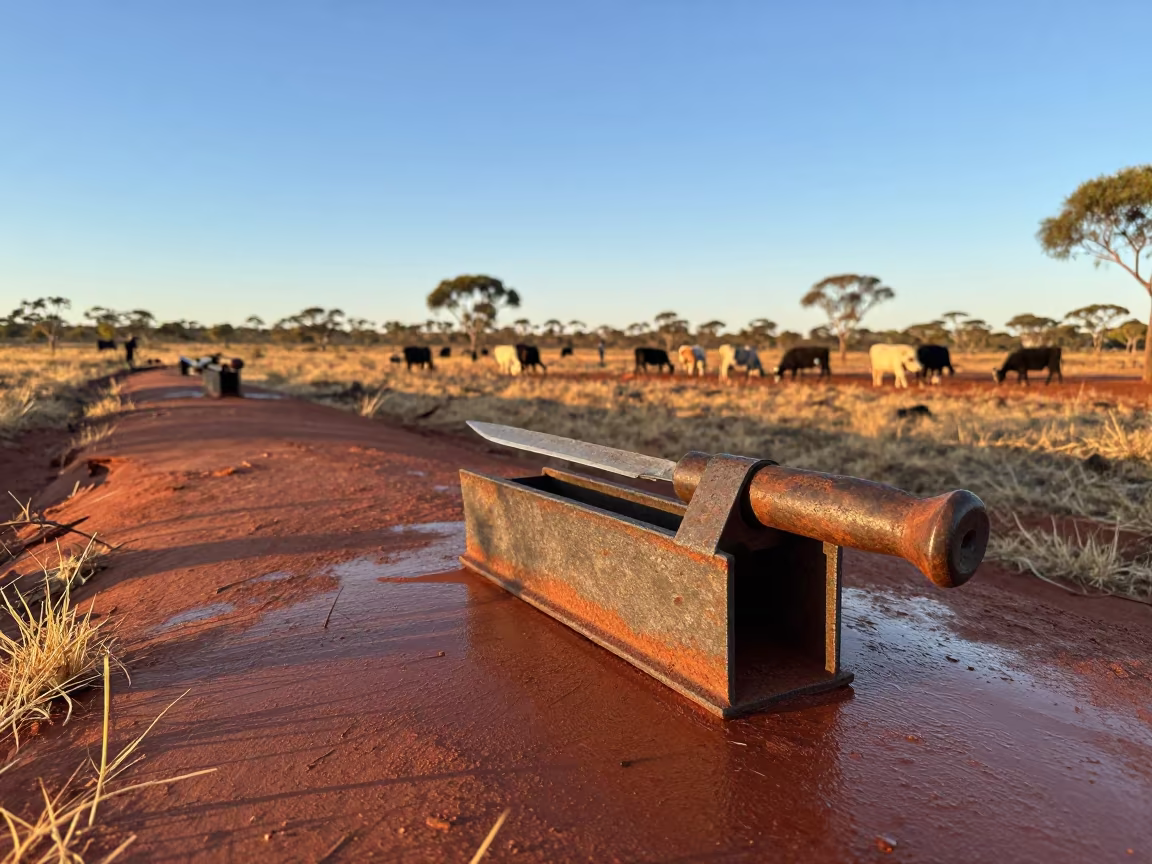 Hoof Knife Jig on Stockyard Ramp After Rain in at a stockyard loading ramp in the Outback