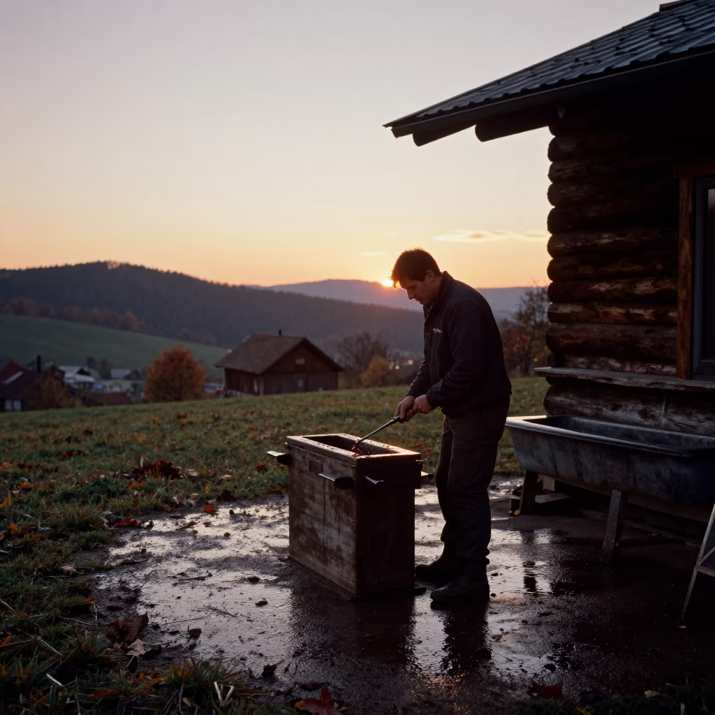 Hoof Knife Sharpening Jig at Slovakian Farm in near a windbreak and water trough in Slovakia