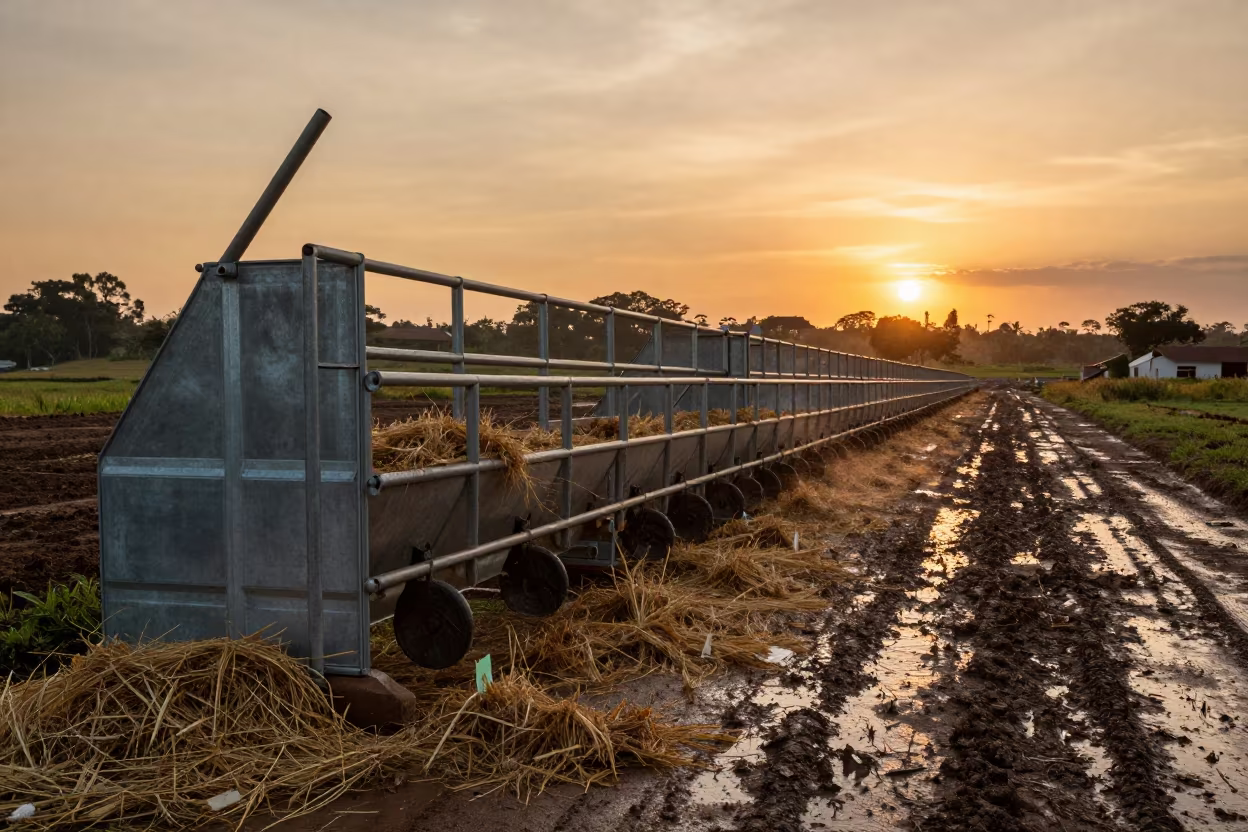 Hoof Trim Chute Sunset Wet Season Rio in along a feedlot lane in Rio de Janeiro state