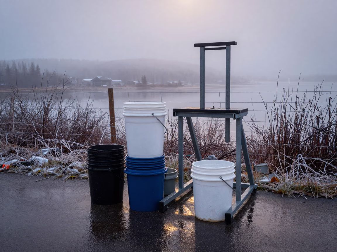 Hoof trimming stand beside buckets in winter fog in beside a pasture gate in Nova Scotia
