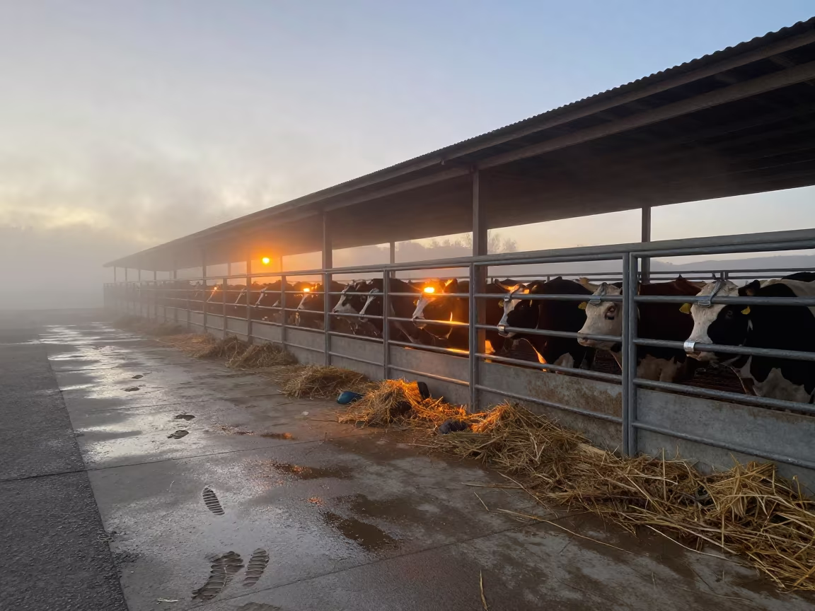 Hoof Wrap Shelf at Idaho Stockyard Evening Mist in at a stockyard loading ramp in Idaho
