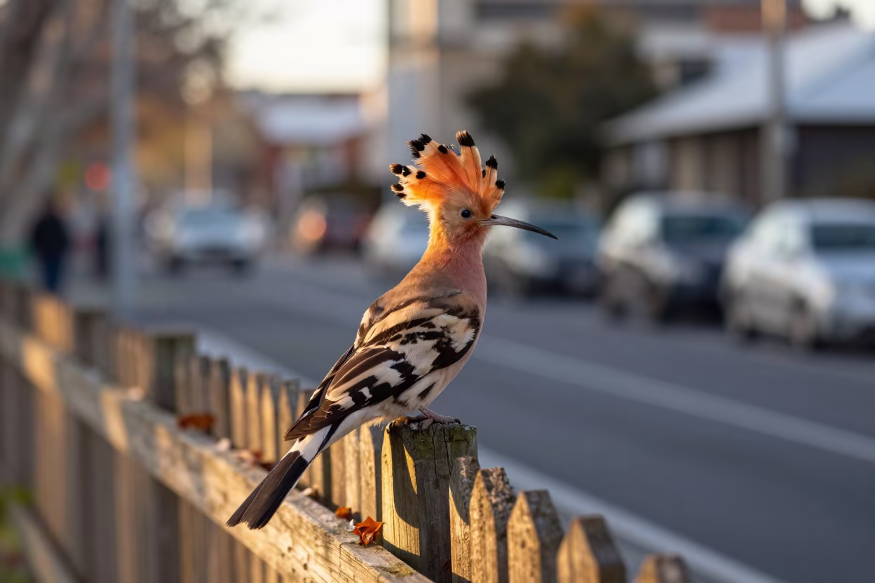 Hoopoe Fanning Crest at Dawn in near Degraves Street, Melbourne