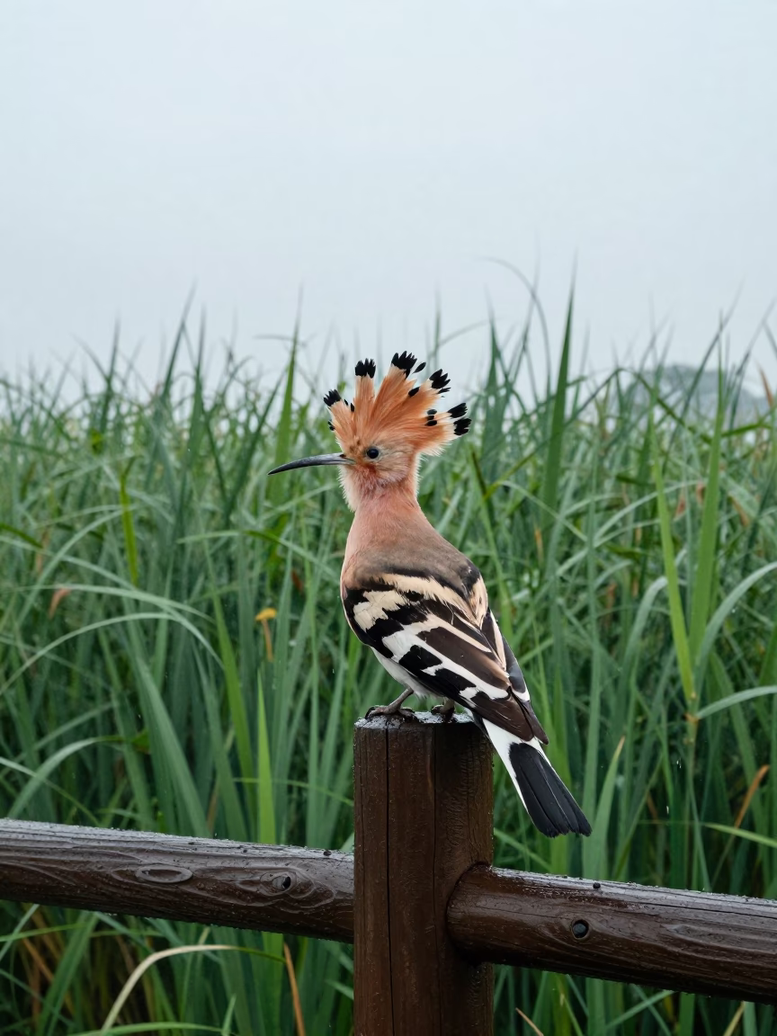 Hoopoe Fanning Crest on Fence Post After Rain in at the edge of a reed bed near Toyama