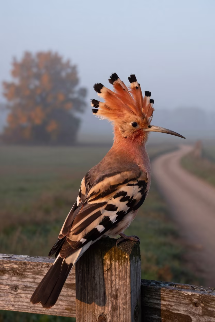 Hoopoe Fanning Crest on Fence Post in along a game trail near Faisalabad