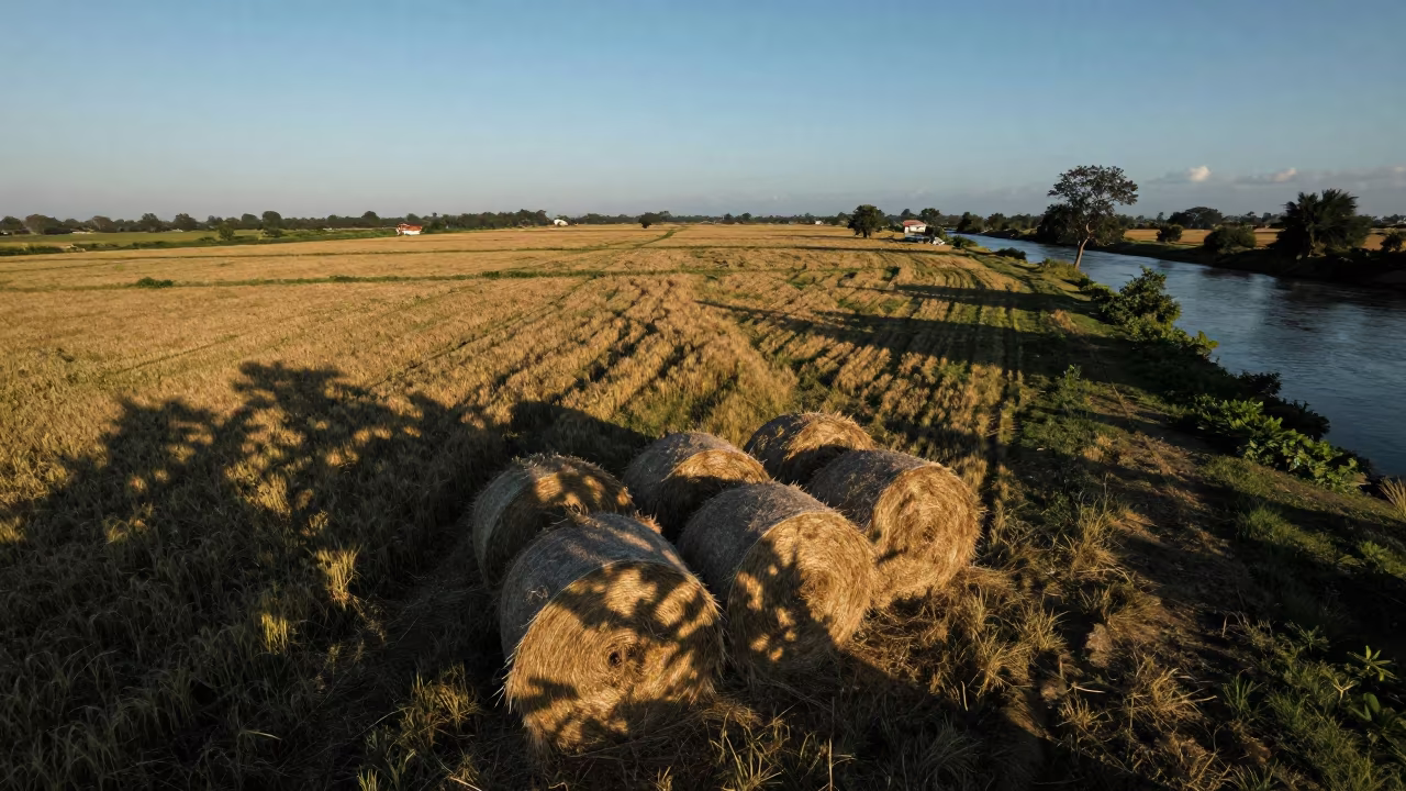 Hop and Barley Fields Silhouetted Davao in beside stacked hay bales near Davao