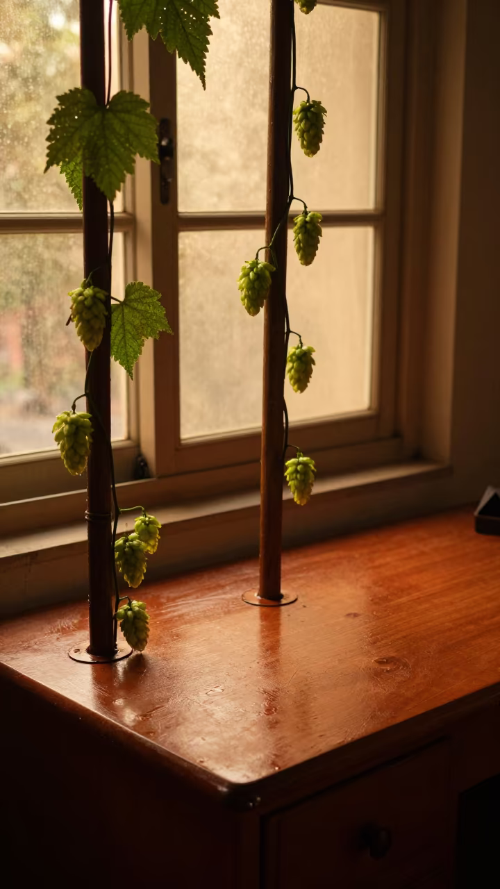 Hop Bines Climbing Poles on Desk in on a writing desk in Rajkot