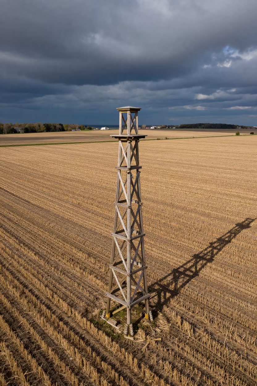 Hop Tower Above Harvested Field Storm Clouds in across a harvested grain field near Toronto