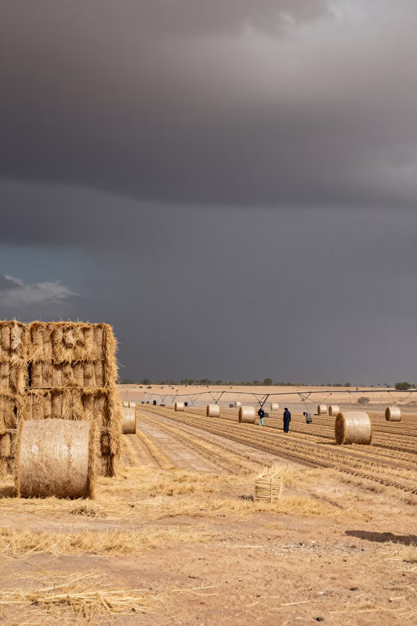 Hop Tower Amidst Sahara Hay Bales in beside stacked hay bales in the Sahara