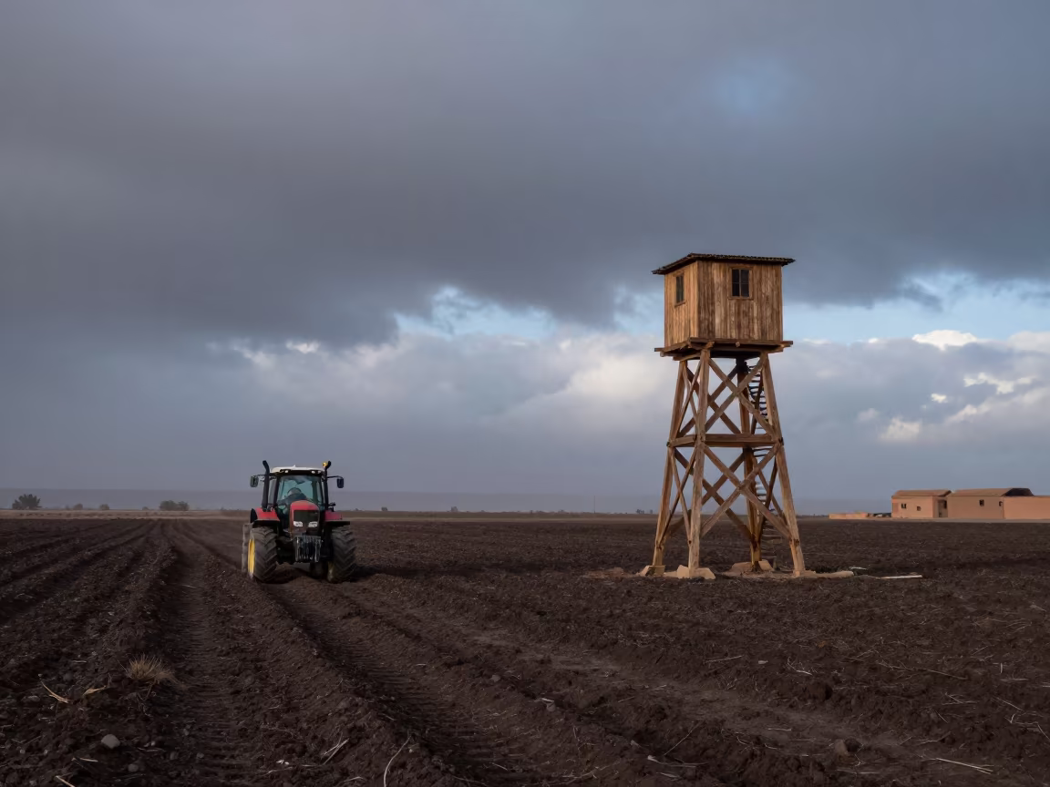 Hop Tower Before Dawn in Khenifra Fields in beside a tractor track through dark soil in Khenifra
