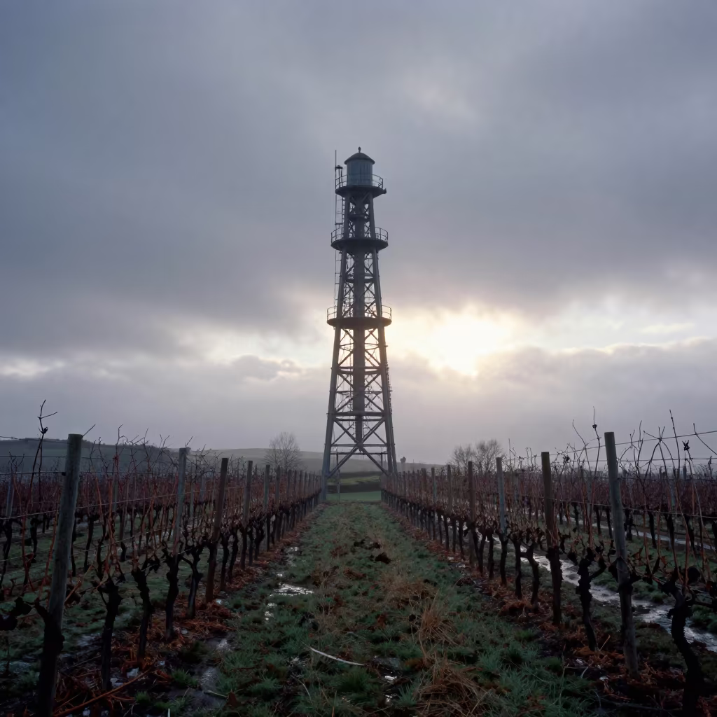 Hop Tower Amid Storm Clouds at Dawn in between vineyard trellises in Northern Ireland