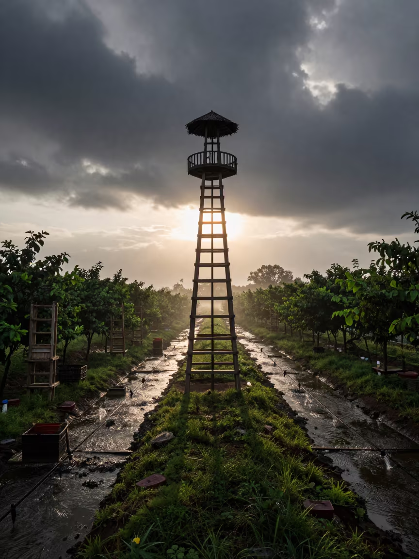 Hop Tower Amid Storm Clouds at Dawn in among orchard ladders and crates in Sumatra