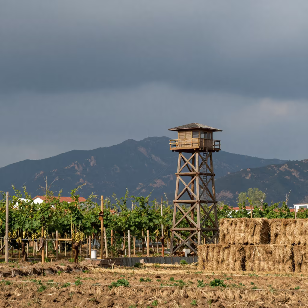 Hop Tower and Storm Clouds in Qingdao in beside stacked hay bales in Qingdao