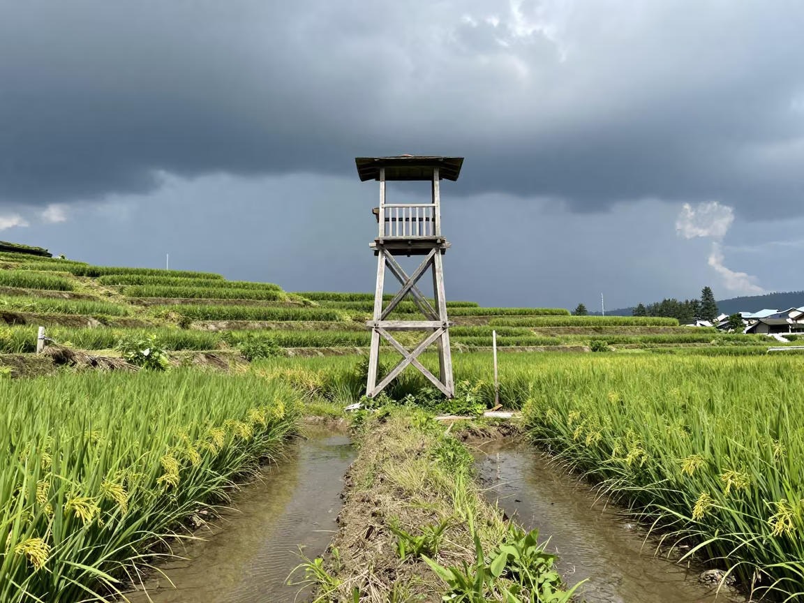 Hop Tower Amid Storm Clouds Over Rice Paddies in among terraced rice paddies near Seattle