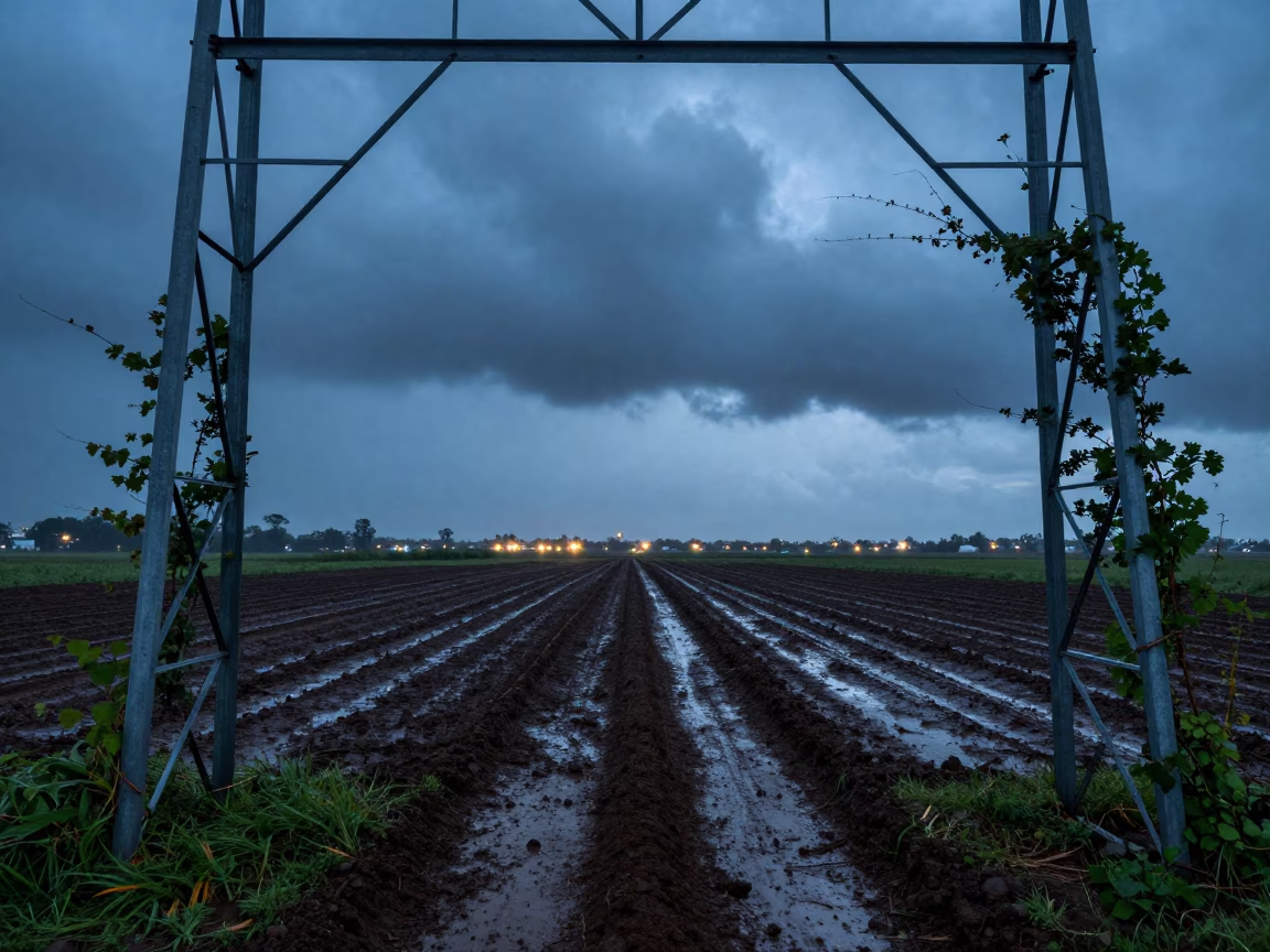 Hop Tower in Twilight Storm Clouds San Felipe in beside a tractor track through dark soil in San Felipe