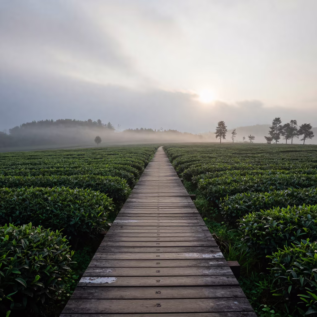Hop Yard Platform at Dawn Mist in at the edge of a tea plantation in Germany
