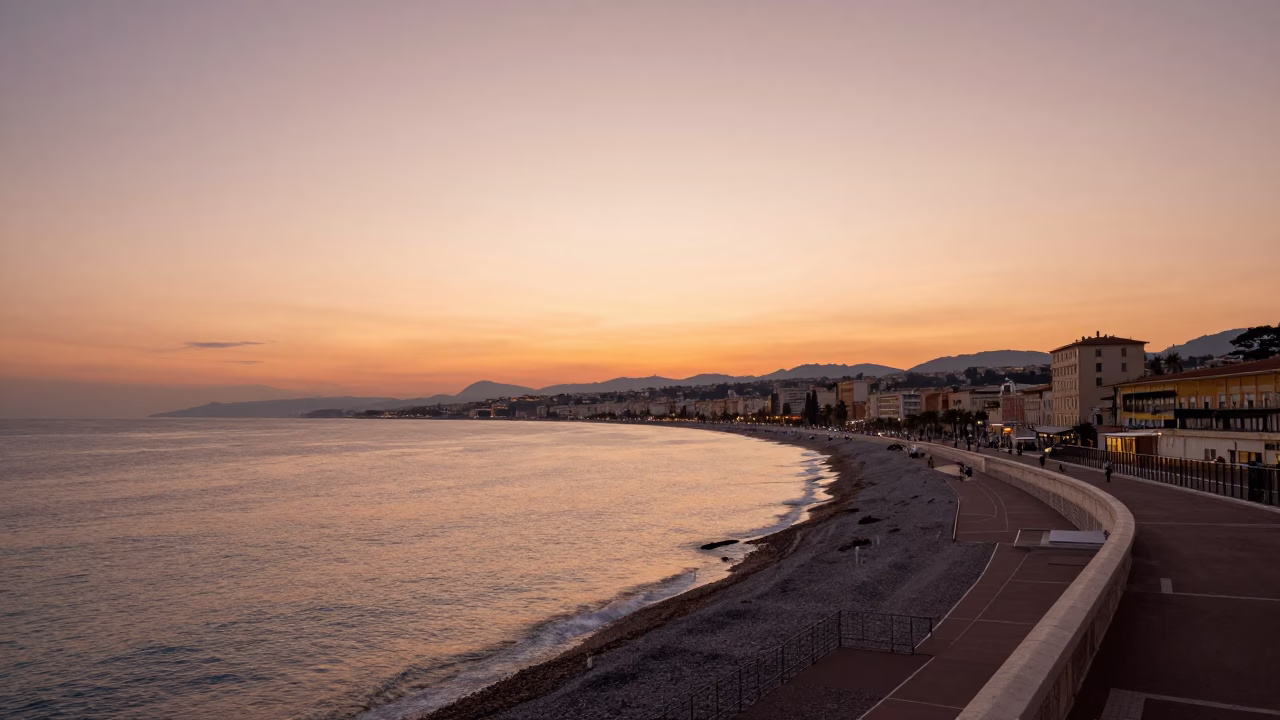 Horizon Shot in Nice at Copper-toned Light Before Dusk in in Nice, France