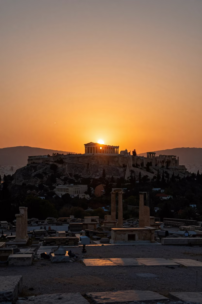 Horizon View at As The Sun Drops Toward The Horizon in Athens in in Athens, Greece