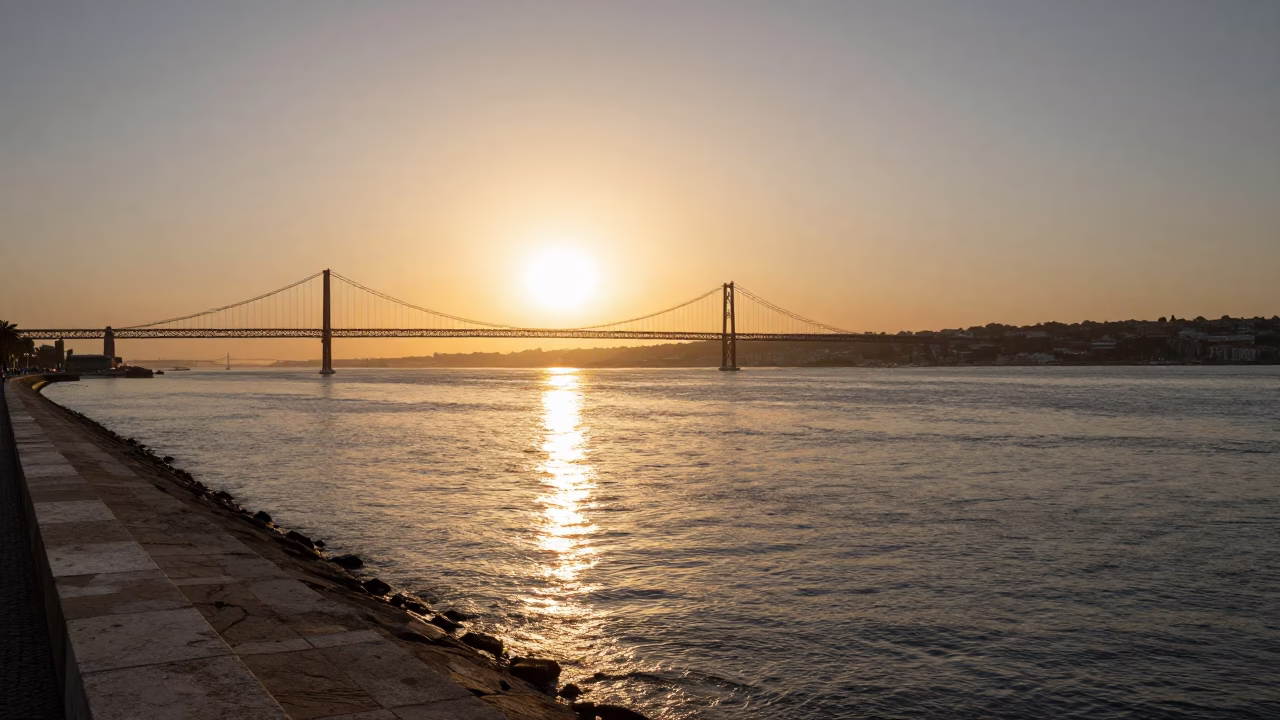 Horizon View in Lisbon at As The Sun Drops Toward The Horizon in in Lisbon, Portugal