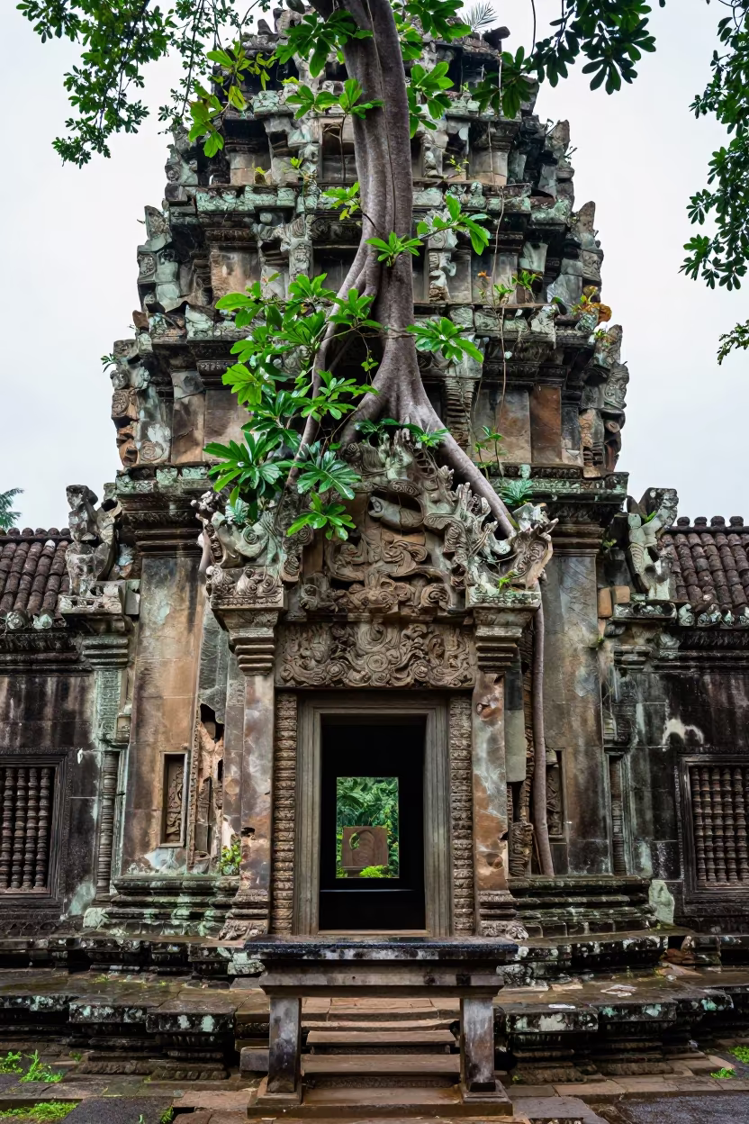 Horizontal Banyan Tree Grows From Temple Wall in at the foot of a stone altar in Phrae