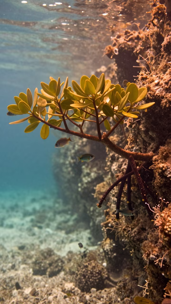 Horizontal Mangrove Tree Grows From Reef Wall Underwater in beneath a reef ledge in tropical shallows near Cairns