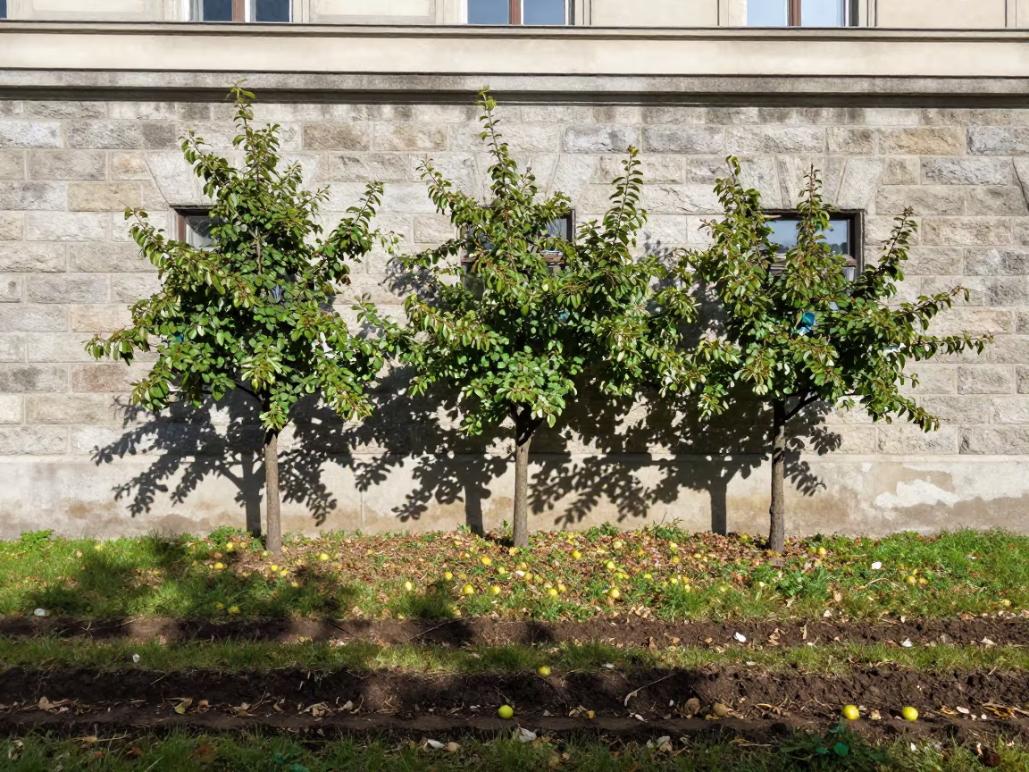 Horizontal Pear Tree Vienna Hail Damage in beside a tractor track through dark soil in Innere Stadt, Vienna