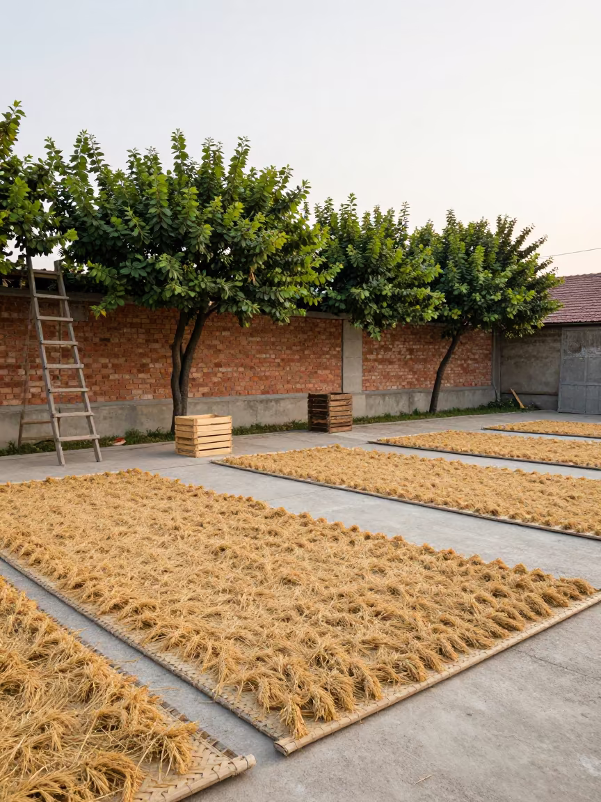 Horizontal Tree Growing from Wall Over Rice Mats in among orchard ladders and crates in Bielsko-Biała
