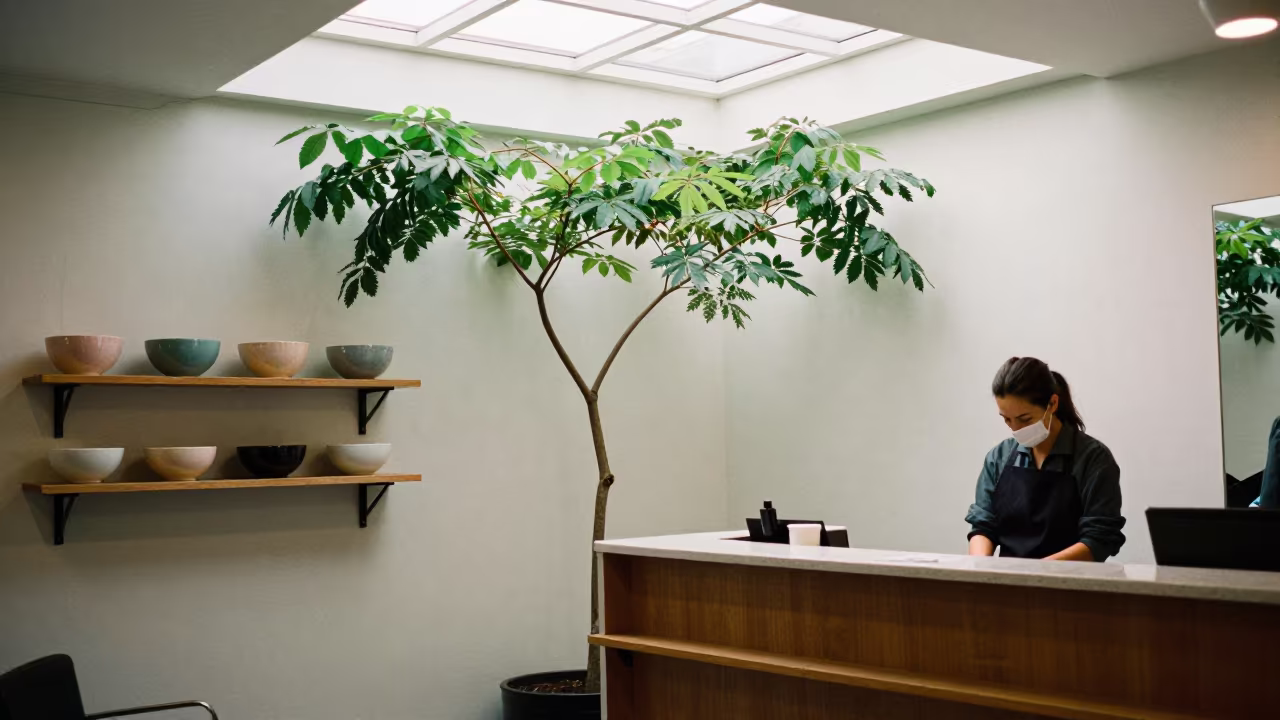 Horizontal Tree Growing from Salon Wall Midday in at a salon reception counter near York