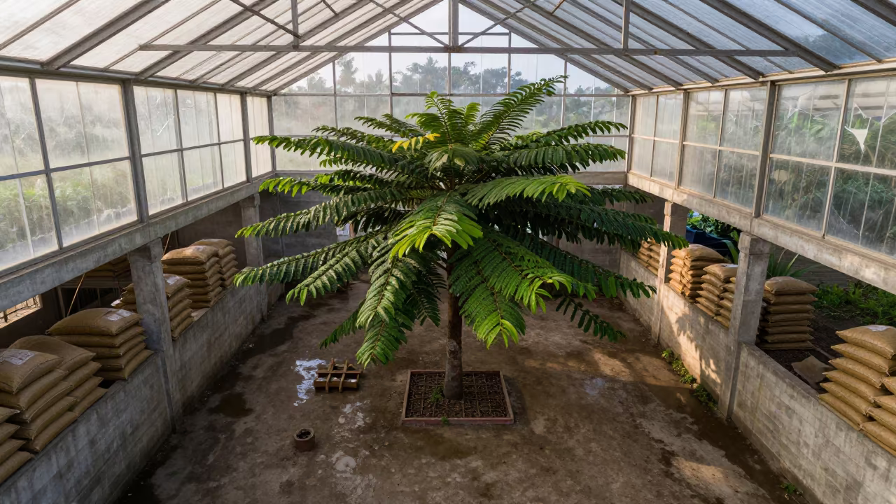 Horizontal Tree Growing Through Shed Wall in Belize in inside a machine shed with seed bags stacked high in Belize
