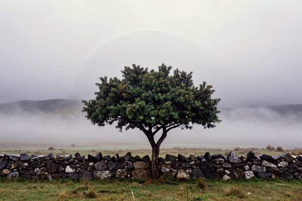 Horizontal Tree Grows From Wall Over Fog Bow in over a horizon of stacked thunderheads in Ecuador