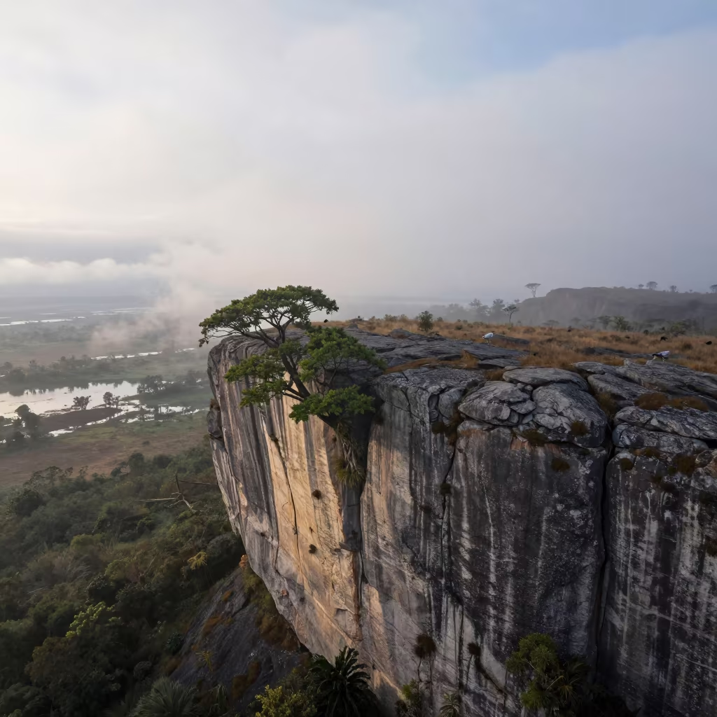 Horizontal Tree on Tepui Wall in Misty Dawn in across a floodplain after rain near Strathcona, Vancouver