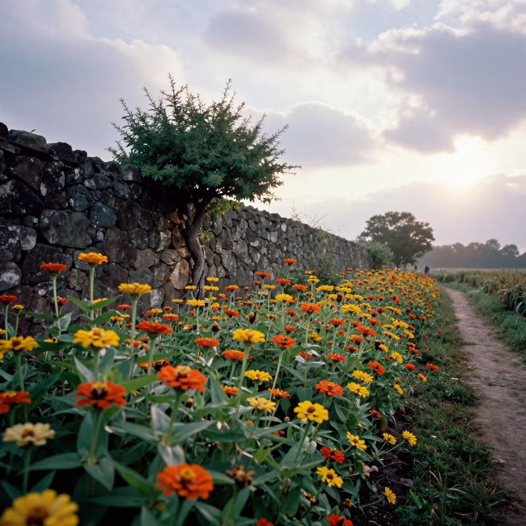 Horizontal Zinnia Tree and Bees at Dawn in along a game trail near Nanchang