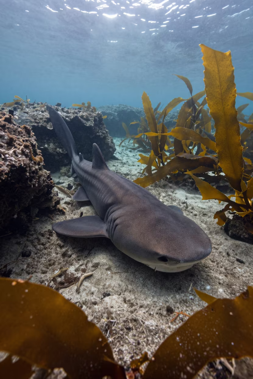 Horn Shark on Autumn Kelp Forest Floor in beside a tide-cut rock ledge under clear water near Fukuoka