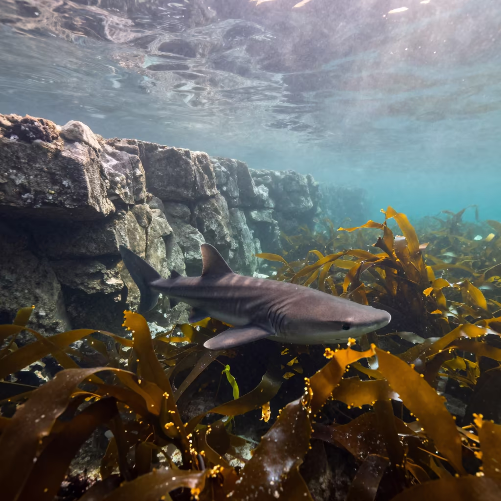 Horn Shark at Dawn in Split Palace Waters in beside a tide-cut rock ledge under clear water in Diocletian's Palace, Split